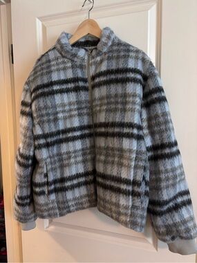 Anthropologie Light Blue & Gray Plaid Faux-Fur Zip Bomber Jacket
